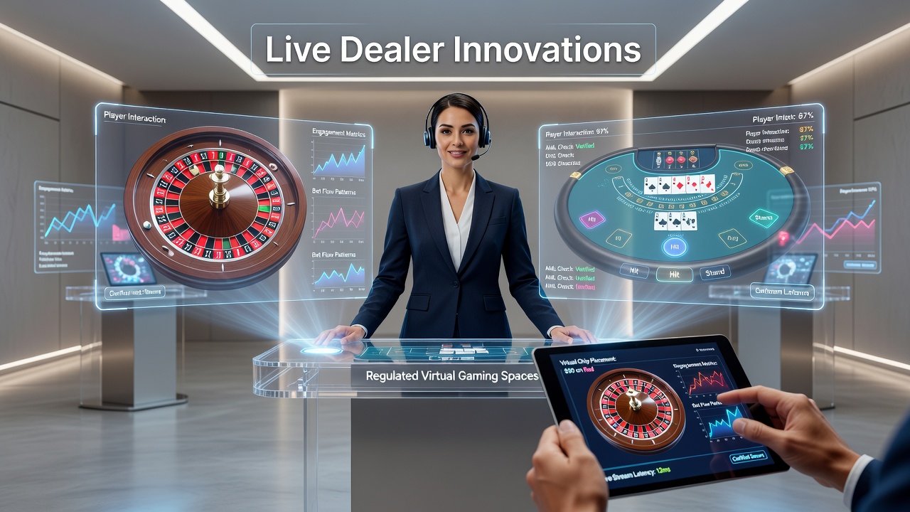 Players engaging through interactive live dealer interfaces with augmented data displays in a regulated virtual gaming setup